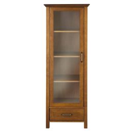 Oak Finish Linen Tower Glass Door Bathroom Storage Cabinet w/ Drawer