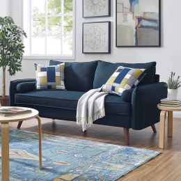 Modern Mid-Century Style Sofa Couch with Wooden Legs in Dark Blue Azure Fabric