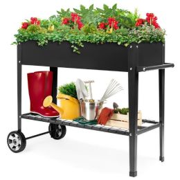 Mobile Black Metal Garden Potting Bench with Push Handle Wheels