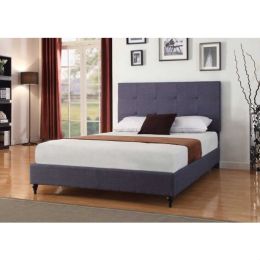 Full size Dark Blue Charcoal Linen Platform Bed with Upholstered Headboard