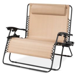 2 Person Tan Extra Wide Zero Gravity Chair Lounger with Cup Holders Headrest