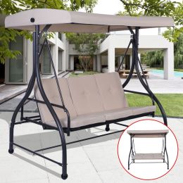 Beige Adjustable 3 Seat Cushioned Porch Patio Canopy Swing Chair