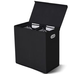 Black 2-Bin Laundry Hamper Clothes Storage Basket with Removable Bags