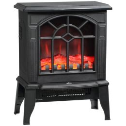 Black Electric Fireplace Heater with Realistic Log Flame LED