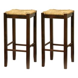 Set of 2- Solid Wood Bar Stool in Walnut with Rush Seat