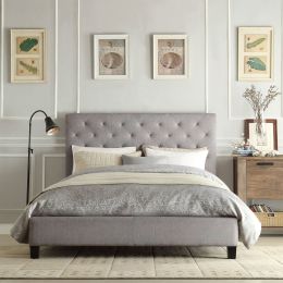 Queen size Gray Linen Upholstered Platform Bed with Button Tufted Headboard