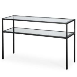 Black Steel Frame Console Table with Tempered Glass Top and Mirror Shelf