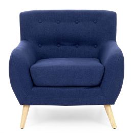 Dark Blue Linen Upholstered Armchair with Modern Mid-Century Style Wood Legs