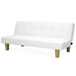 White Click Clack Faux Leather Futon Sofa Bed with Wooden Legs