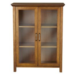 Oak Finish Bathroom Floor Cabinet with 2 Glass Doors & Storage Shelves