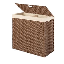 Folding 2-Bin Brown PE Wicker Linen Liner Laundry Hamper w/ Handles