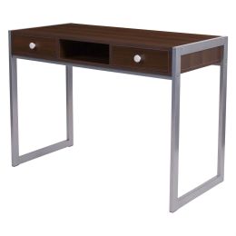 Modern Dark Brown Wood Writing Table Computer Desk with Square Metal Legs