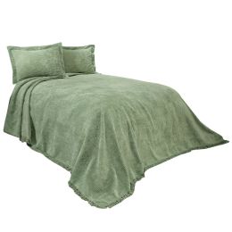 Full size Sage Green Cotton Chenille Bedspread with Fringe Edge