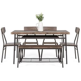 6-Piece Brown Wooden Dining Set with 4 Chairs Bench and Storage Racks