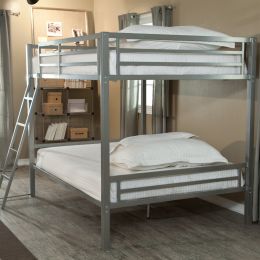 Full over Full size Bunk Bed with Ladder in Silver Metal Finish