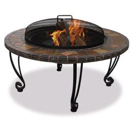 Marble and Slate 34-inch Fire Pit with Copper Accents and Wrought Iron Stand