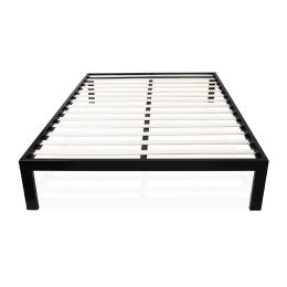 Full size Simple Black Metal Bed Frame Platform with Wooden Slats