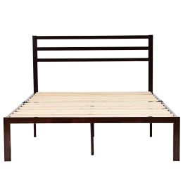 Full Steel Platform Bed Frame with Headboard in Dark Brown Metal Finish