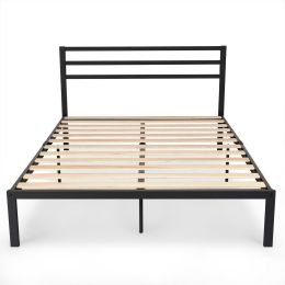 Full Steel Platform Bed Frame with Headboard in Black Metal Finish