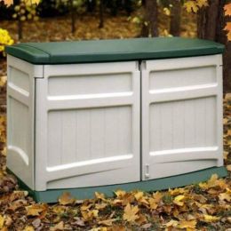 Weather Resistant Outdoor Resin Storage Shed in Tan with Green Lid -  20 Cubic Ft Capacity