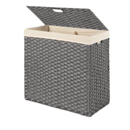 Folding 2-Bin Grey PE Wicker Linen Liner Laundry Hamper w/ Handles