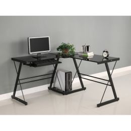 Black Metal L-Shaped Corner Computer Desk with Glass Top