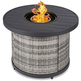 50,000 BTU Grey Wicker Round LP Gas Propane Fire Pit w/ Faux Wood Tabletop and Cover