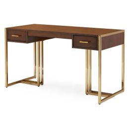 Modern Laptop Writing Steel Brass-Plated Walnut Retro 2 Drawer Desk