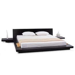 King Modern Platform Bed with Headboard and 2 Nightstand in Ash Black