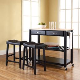 Natural Wood Top Kitchen Cart Island in Black with Saddle Stools