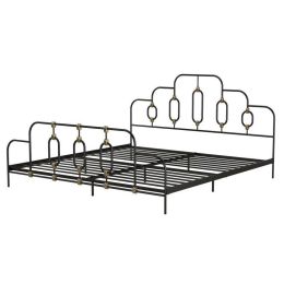 King Farmhouse Style Metal Platform Bed in Black Gold Finish