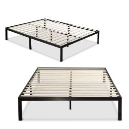 King size Modern Black Metal Platform Bed Frame with Wooden Slats