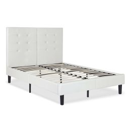 King size Light Gray Off White Faux Leather Upholstered Platform Bed with Headboard