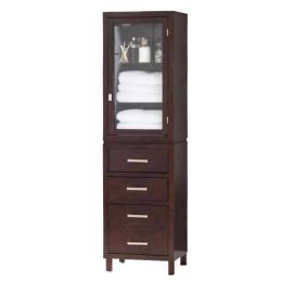 Espresso Wood Linen Tower Bathroom Storage Cabinet with Glass Paneled Door