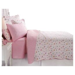 Twin Cotton Blend Reversible Quilt Set w/ Pink White Stripe & Butterflies