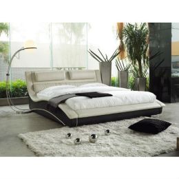 Queen size Modern Curvy Upholstered Platform Bed with Headboard in Cream Black Faux Leather