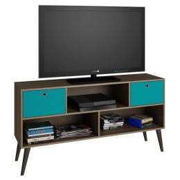 Modern Mid-Century TV Stand Entertainment Center in Oak Aqua Grey Wood Finish