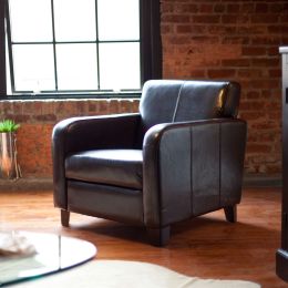 Dark Brown Leather Upholstered Club Chair with Wood Frame and Legs