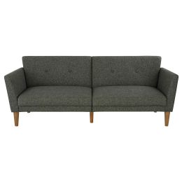 Mid-Century Style Grey Linen Upholstered Futon Sofa Bed with Wooden Legs