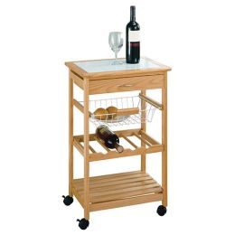 Tile Top Wooden Kitchen Cart with Wine Rack and Casters