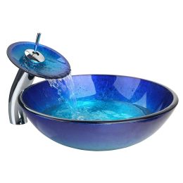 Modern Blue Glass Bathroom Vessel Sink and Faucet with Chrome Drain