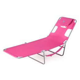 Pink Outdoor Chaise Lounge Beach Chair with 3 Recline Positions