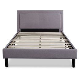 Queen size Platform Bed with Grey Upholstered Headboard and Piped Frame Detail