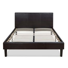 Queen Modern Platform Bed with Dark Brown Upholstered Faux Leather Headboard