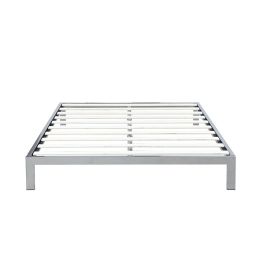 Queen size Silver Metal Platform Bed Frame with Wooden Slats