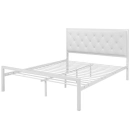 Queen size Modern White Metal Platform Bed with Upholstered Headboard