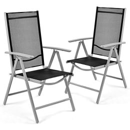 Set of 2 Folding Outdoor Patio Chairs with Black Mesh Seat and Grey Metal Frame