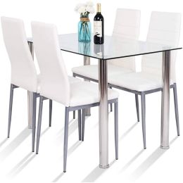 5 Piece Silver White Tempered Glass Top Dining Table Set with Chairs