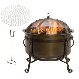 Outdoor Wood Burning Fire Pit Cauldron Style Steel Bowl w/ BBQ Grill, Log Poker, and Mesh Screen Lid