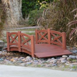 Outdoor 6-Ft Garden Bridge with X-Design Rails in Red Stained Acacia Wood